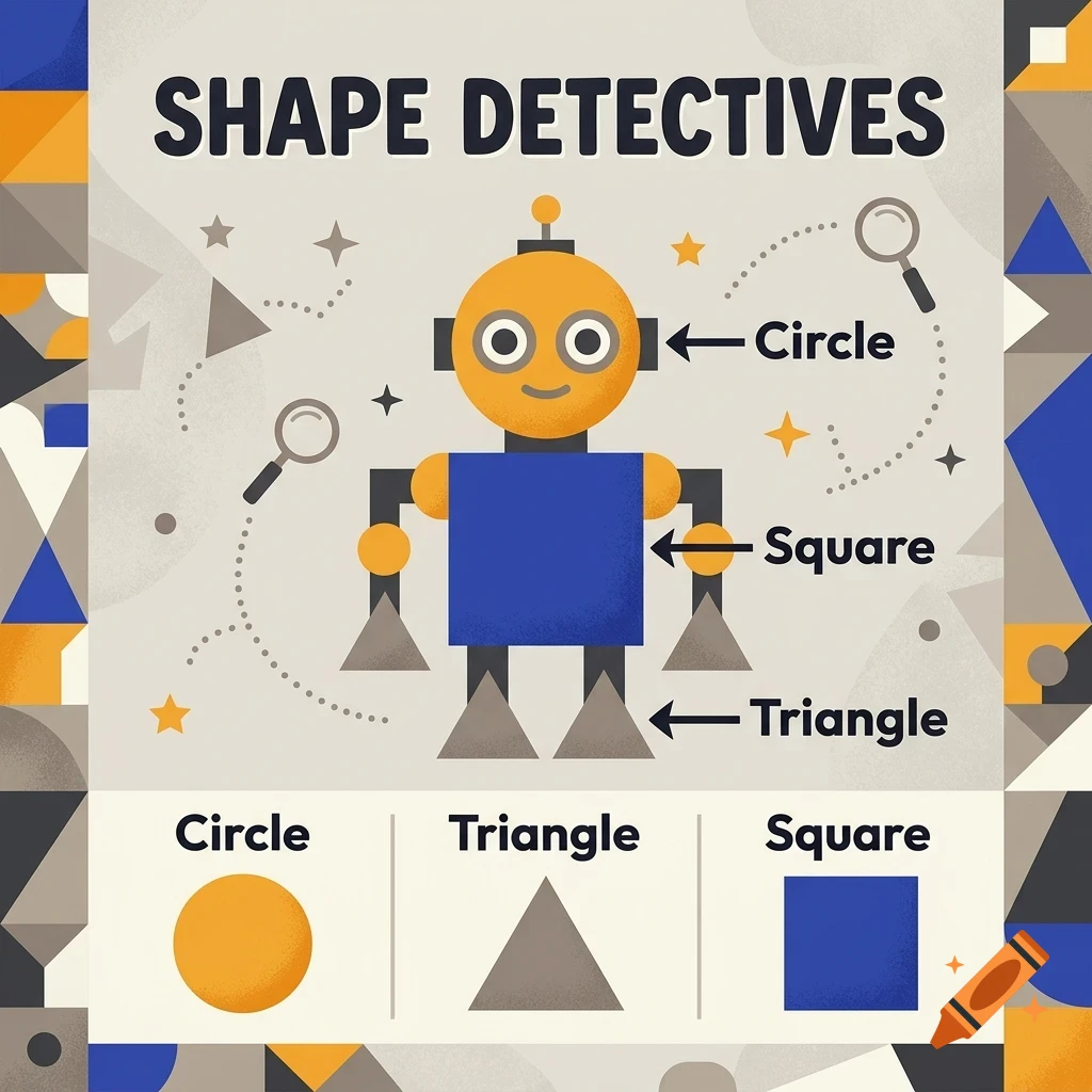 An educational diagram titled Shape Detectives featuring a robot made of geometric shapes with labels for circle, square, and triangle.