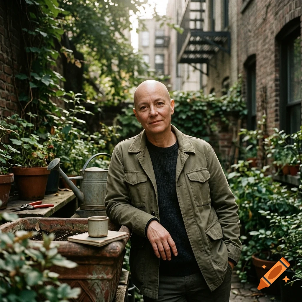A bald person wearing an olive green jacket standing in a narrow urban alleyway filled with potted plants and greenery.