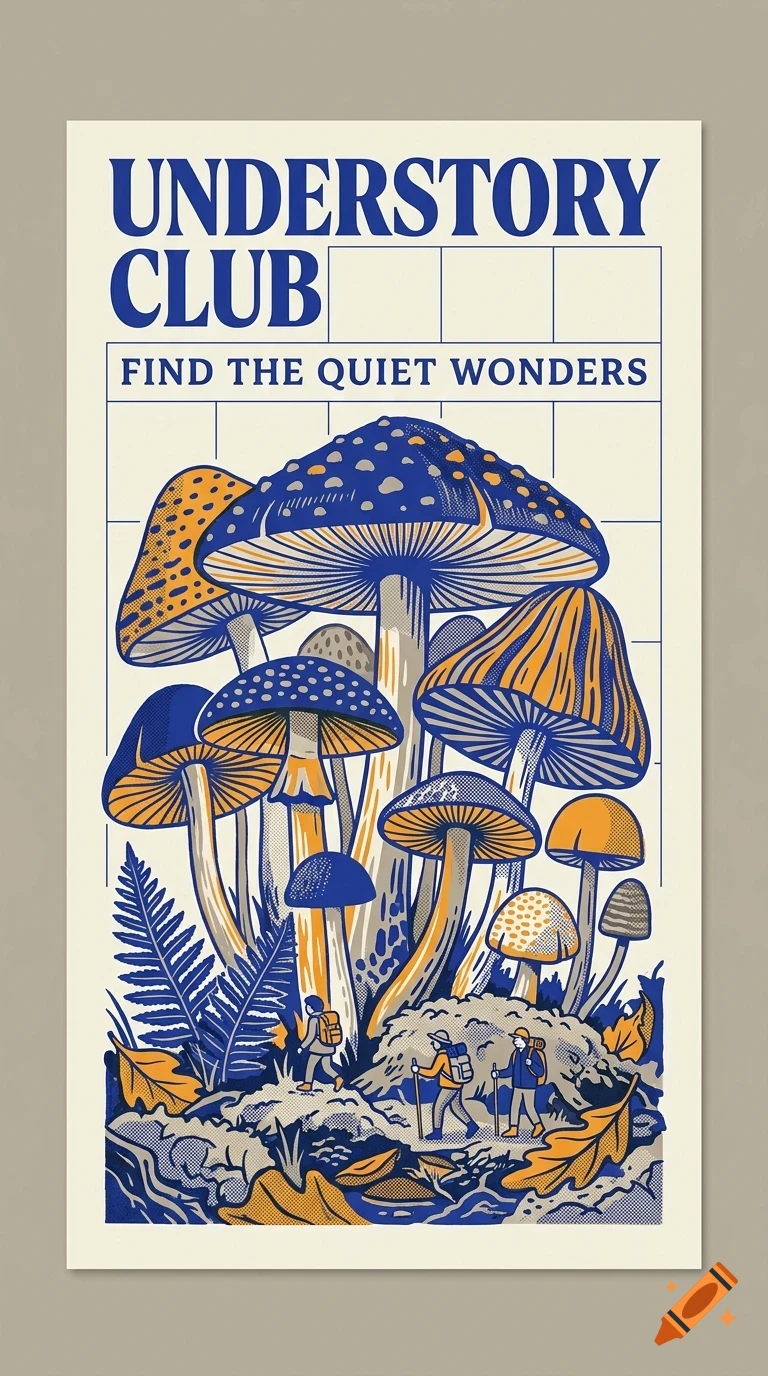 An illustrated poster featuring a cluster of large blue and orange mushrooms with tiny hikers walking among them below the text UNDERSTORY CLUB FIND THE QUIET WONDERS.