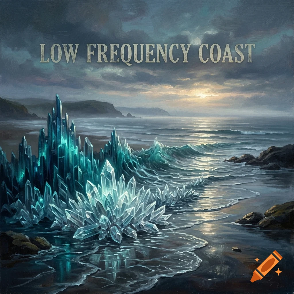 An oil painting depicting a dark, moody coastline with glowing blue crystal formations rising from the water and shore, under a cloudy twilight sky with the text "LOW FREQUENCY COAST" at the top.