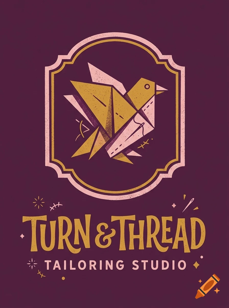 A stylized logo featuring an origami-like bird inside a framed badge above the text Turn & Thread Tailoring Studio on a dark purple background.
