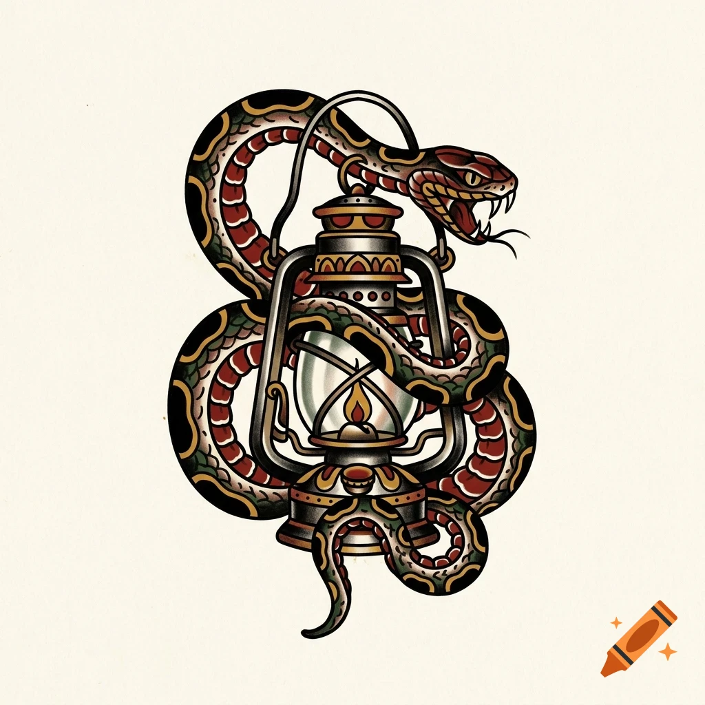 An illustrated traditional tattoo design of a snake coiled around a lit vintage lantern.