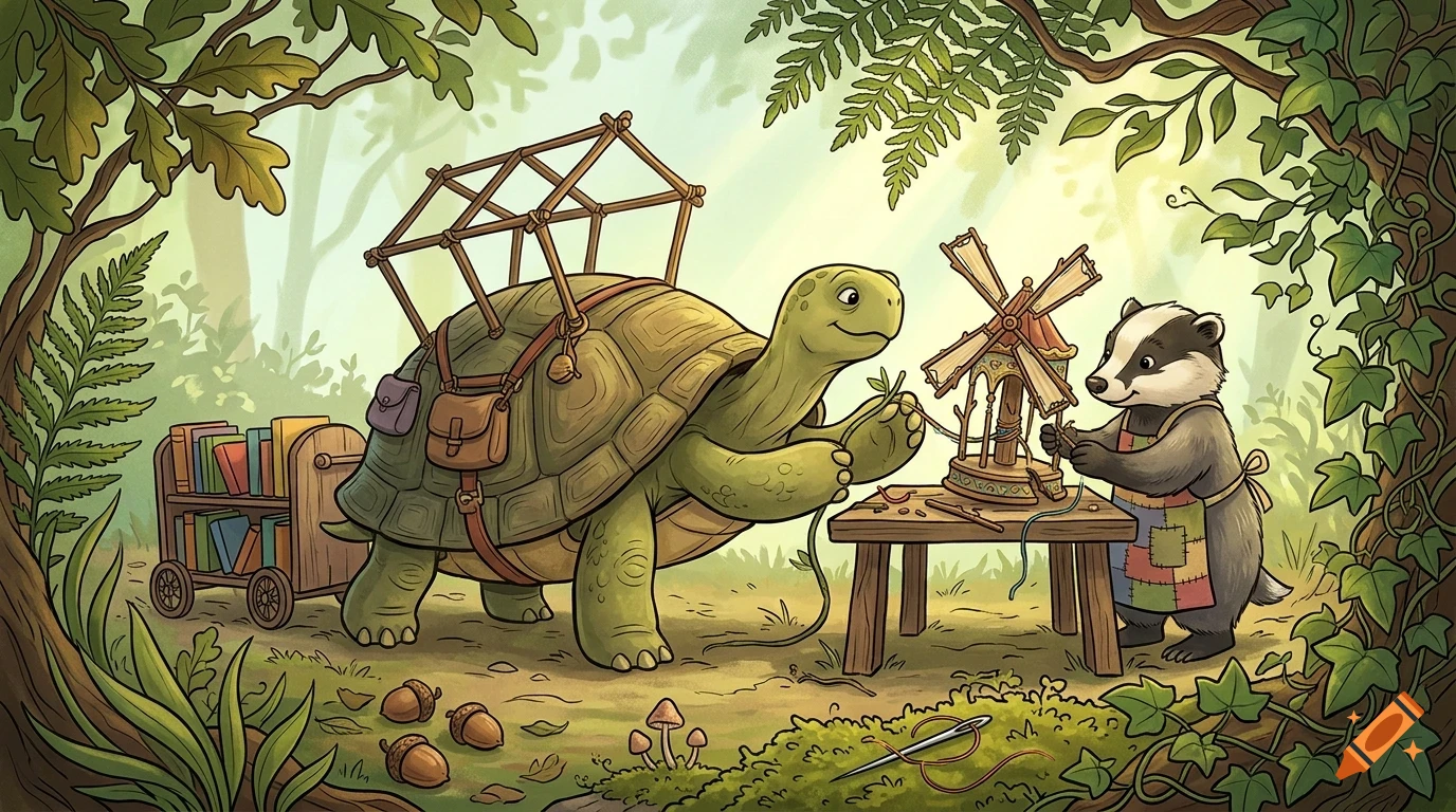An illustrated turtle with a wooden frame on its shell and a badger working together to build a miniature windmill in a lush forest.
