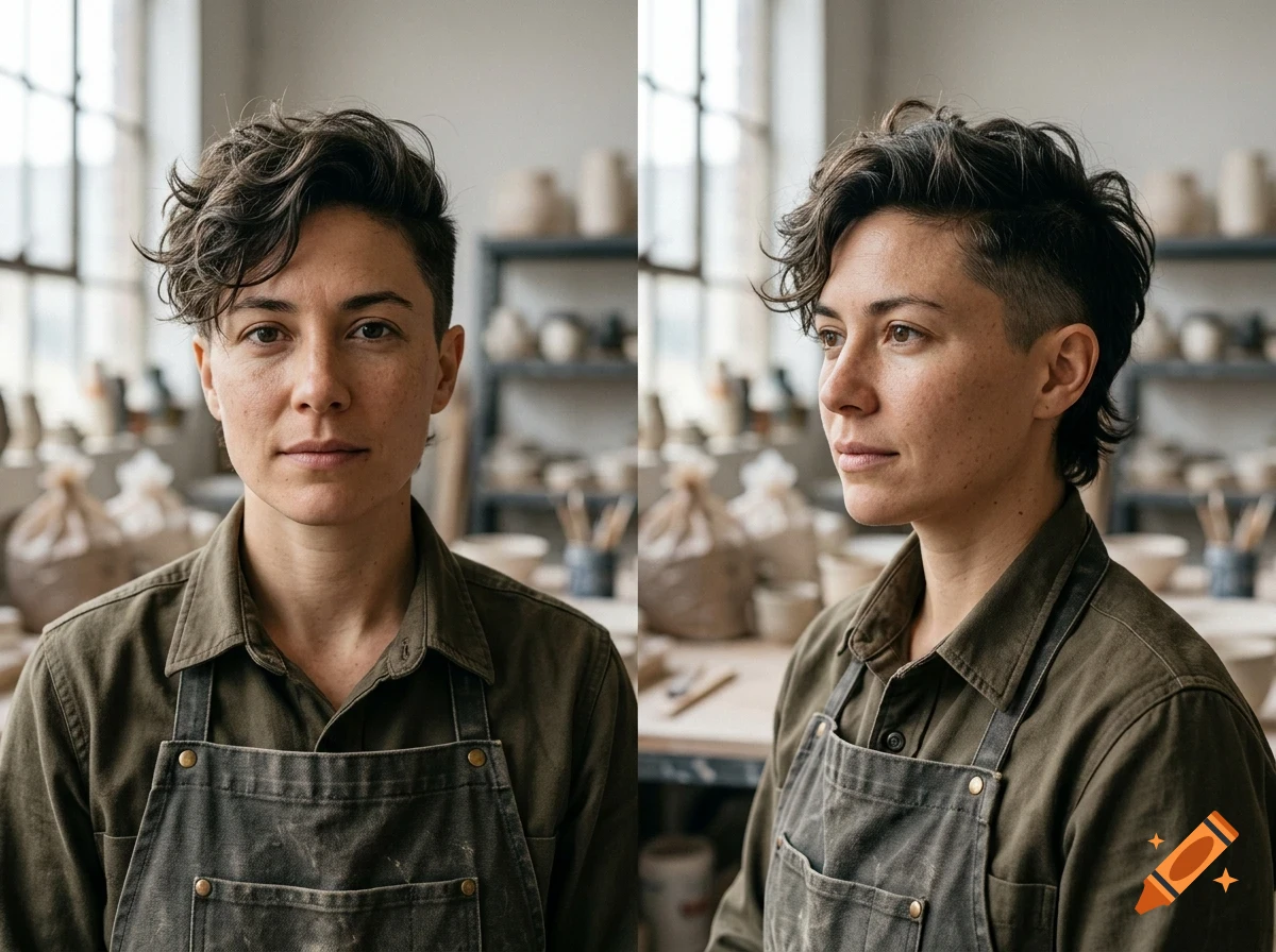 A diptych portrait of a person with short curly hair and an undercut, wearing a dark green shirt and an apron.