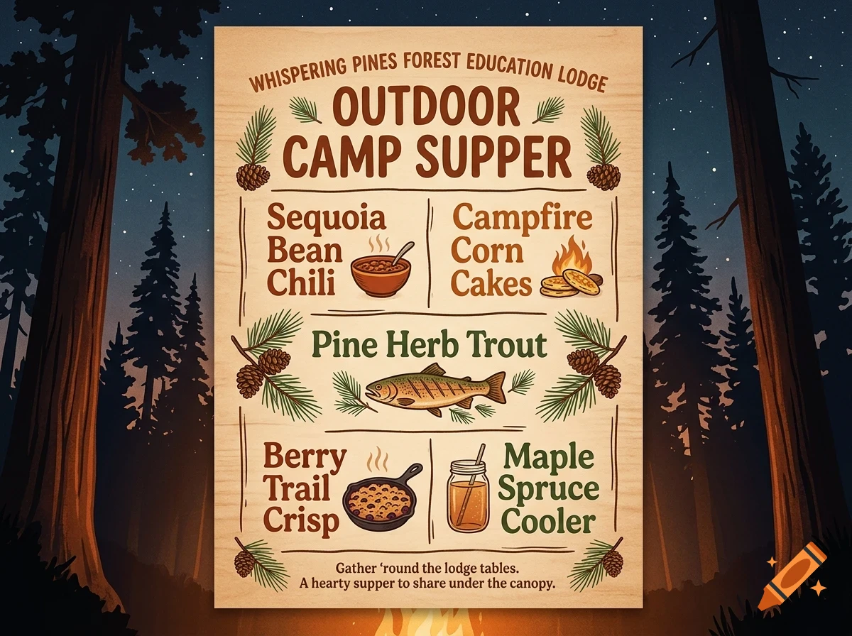 An illustrated outdoor camp supper menu poster featuring food items and pine branch decorations against a starry forest background.