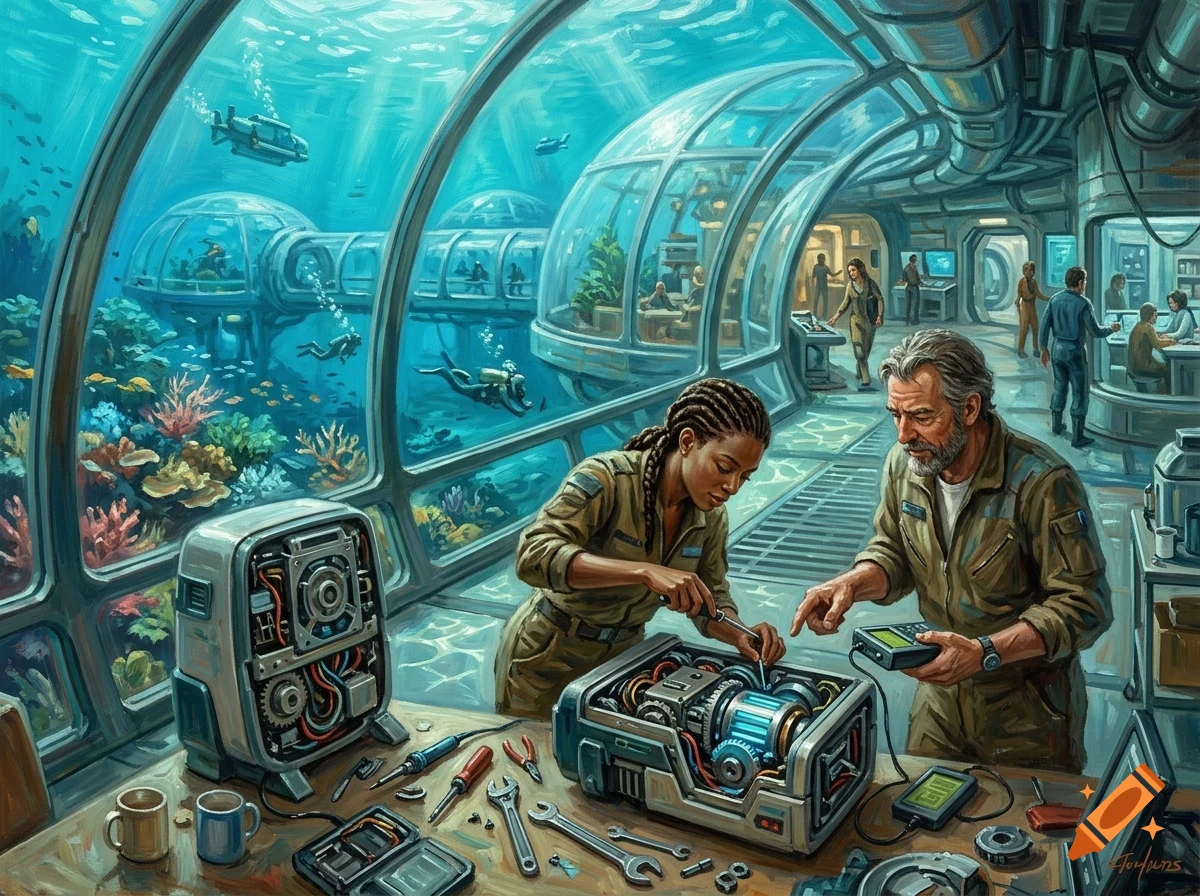 Two people working inside an underwater research station with glass tunnels looking out at the ocean, coral reefs, and submarines.
