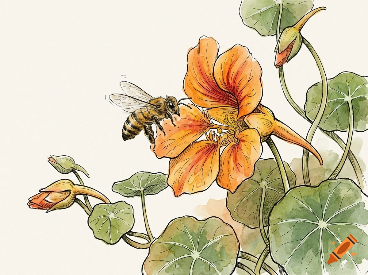 A watercolor illustration of a bee hovering near an orange nasturtium flower with green leaves and buds.