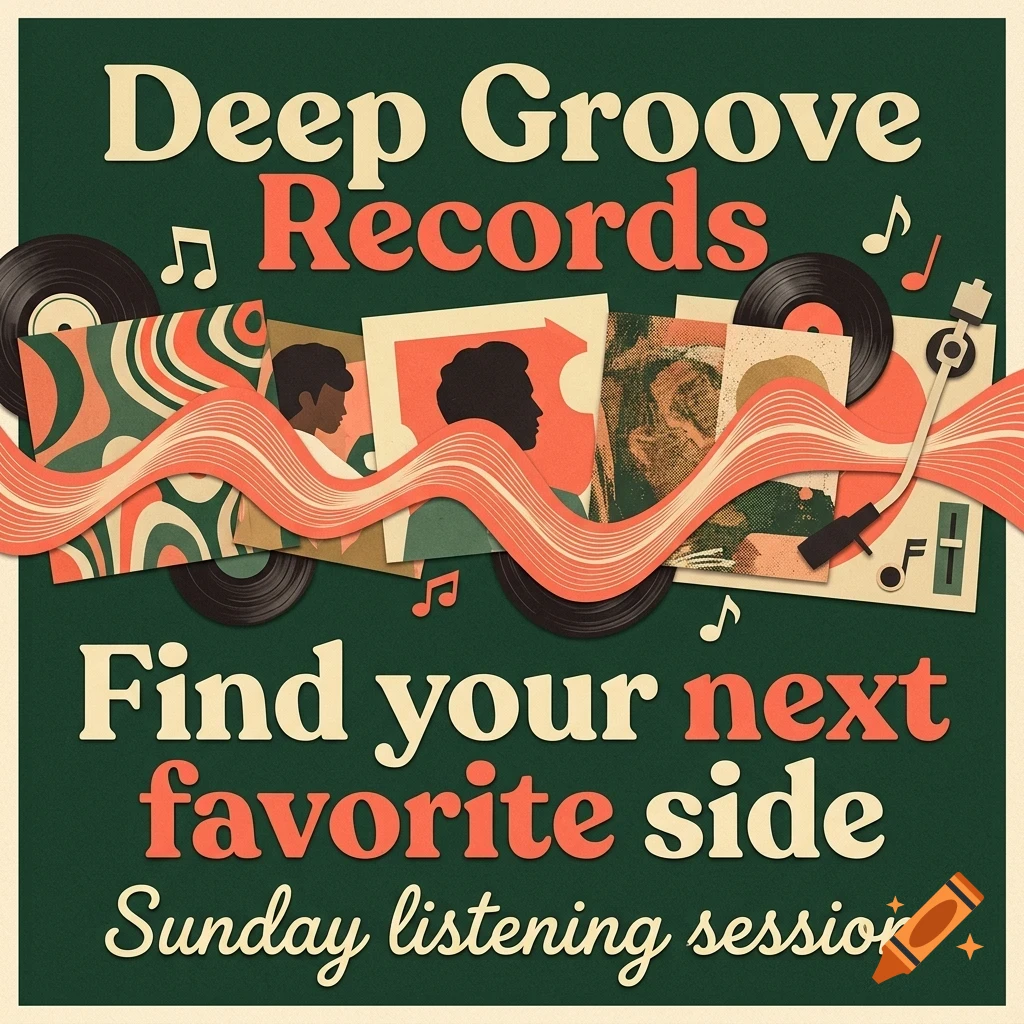 A retro-style poster for Deep Groove Records featuring vinyl records, album art, music notes, a turntable, and the text 'Find your next favorite side | Sunday listening session'.