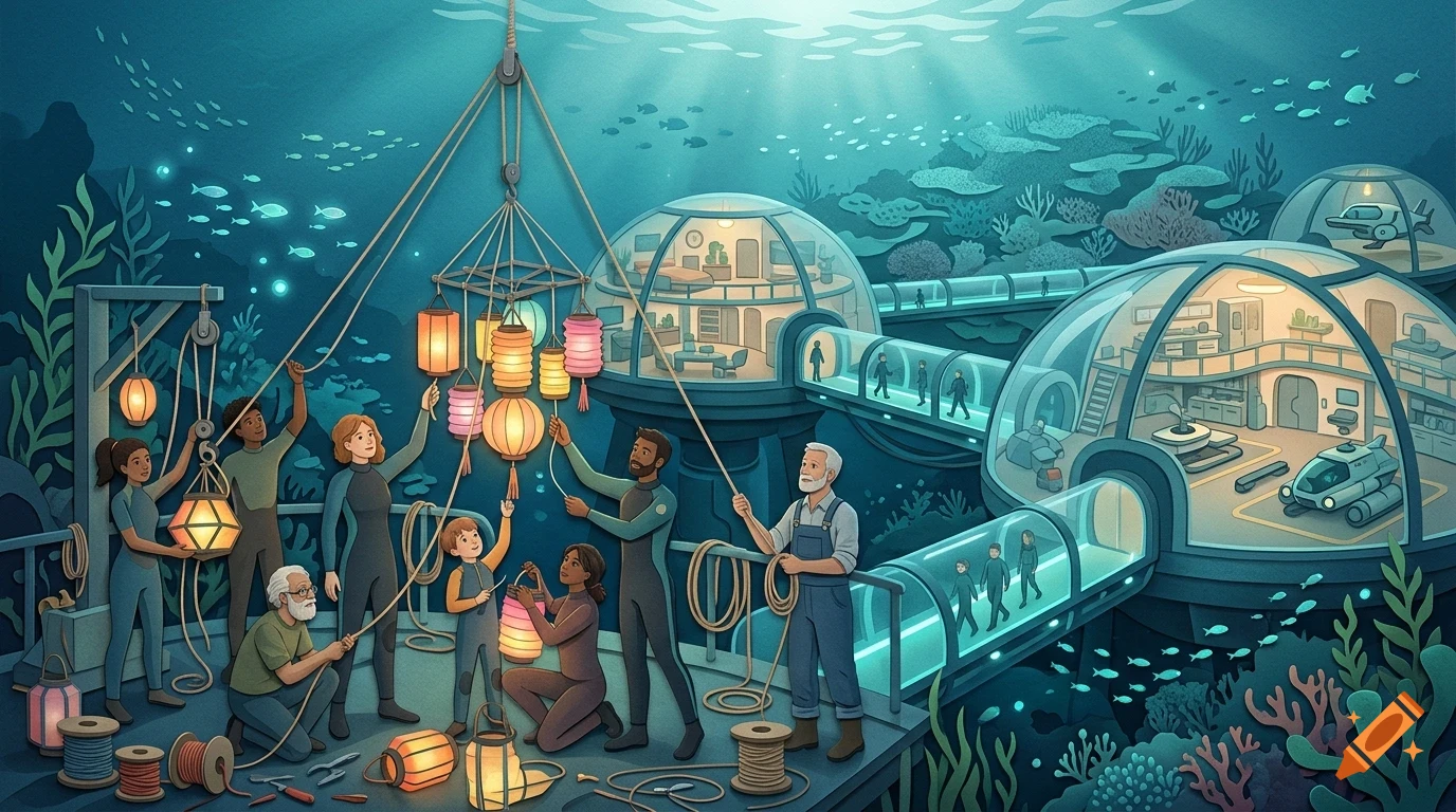 An underwater scene showing people hanging colorful lanterns on a platform outside of interconnected dome-shaped underwater habitats.