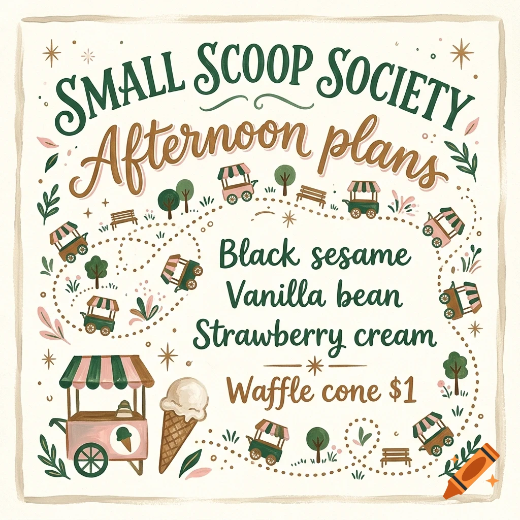 An illustration with text reading Small Scoop Society, Afternoon plans, and ice cream flavors, accompanied by small ice cream carts, trees, and benches along a dotted path.