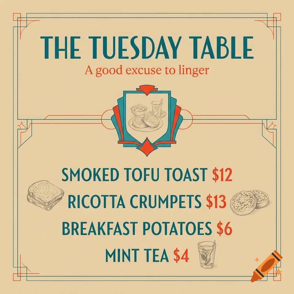 An illustrated menu for The Tuesday Table featuring food and drink items with prices.