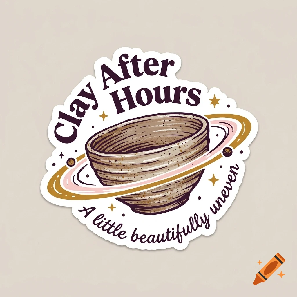 A sticker design featuring a ceramic bowl surrounded by planetary rings, with the text "Clay After Hours" and "A little beautifully uneven".