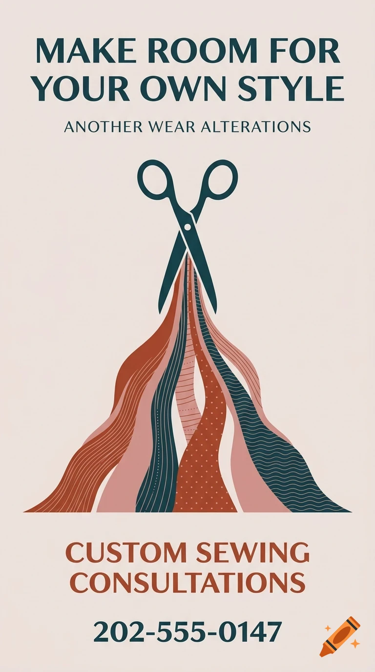 An advertisement for Another Wear Alterations showing scissors cutting fabric ribbons with text.