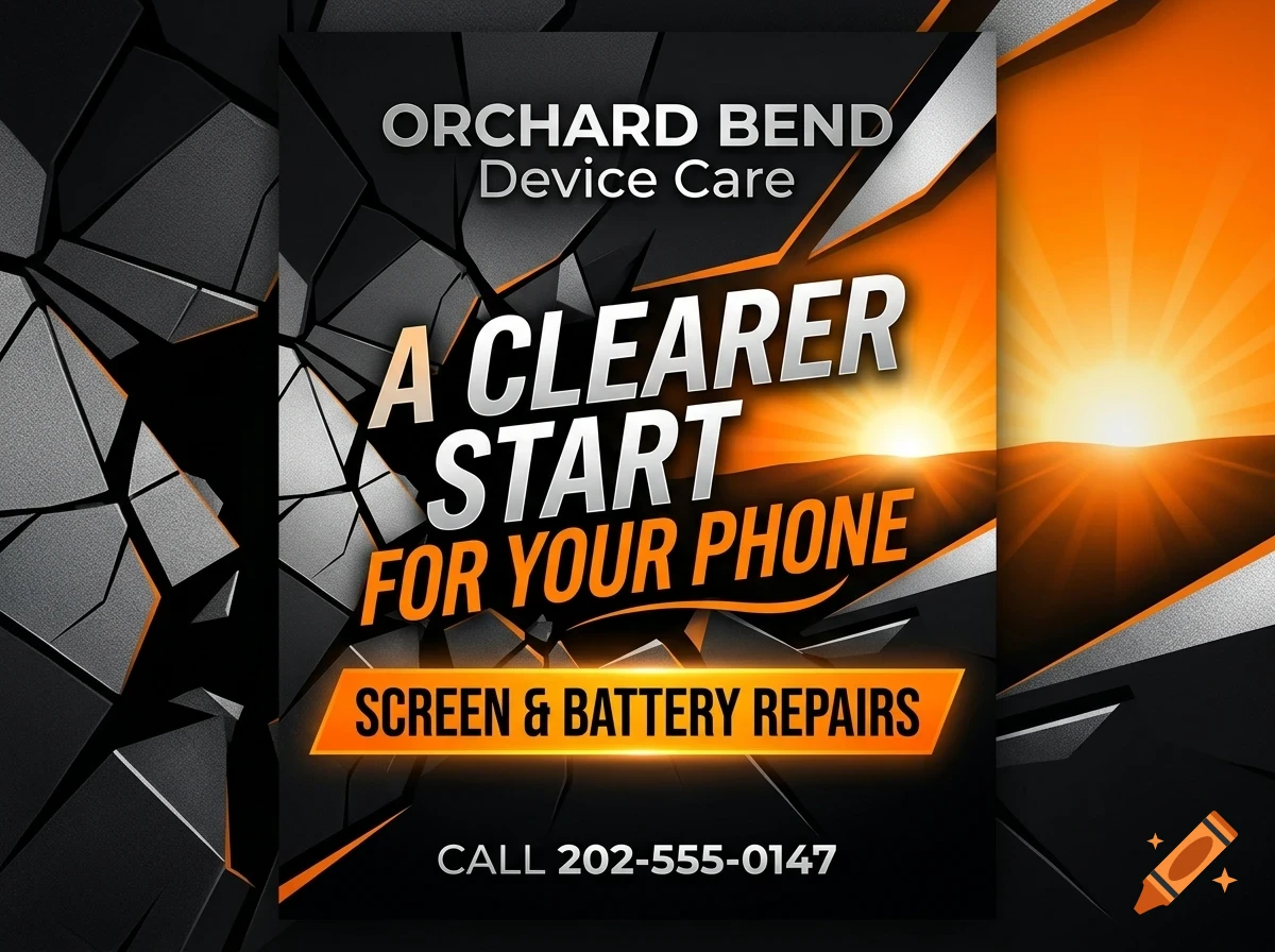 An advertisement for Orchard Bend Device Care with the text A clearer start for your phone, screen and battery repairs, and a phone number.