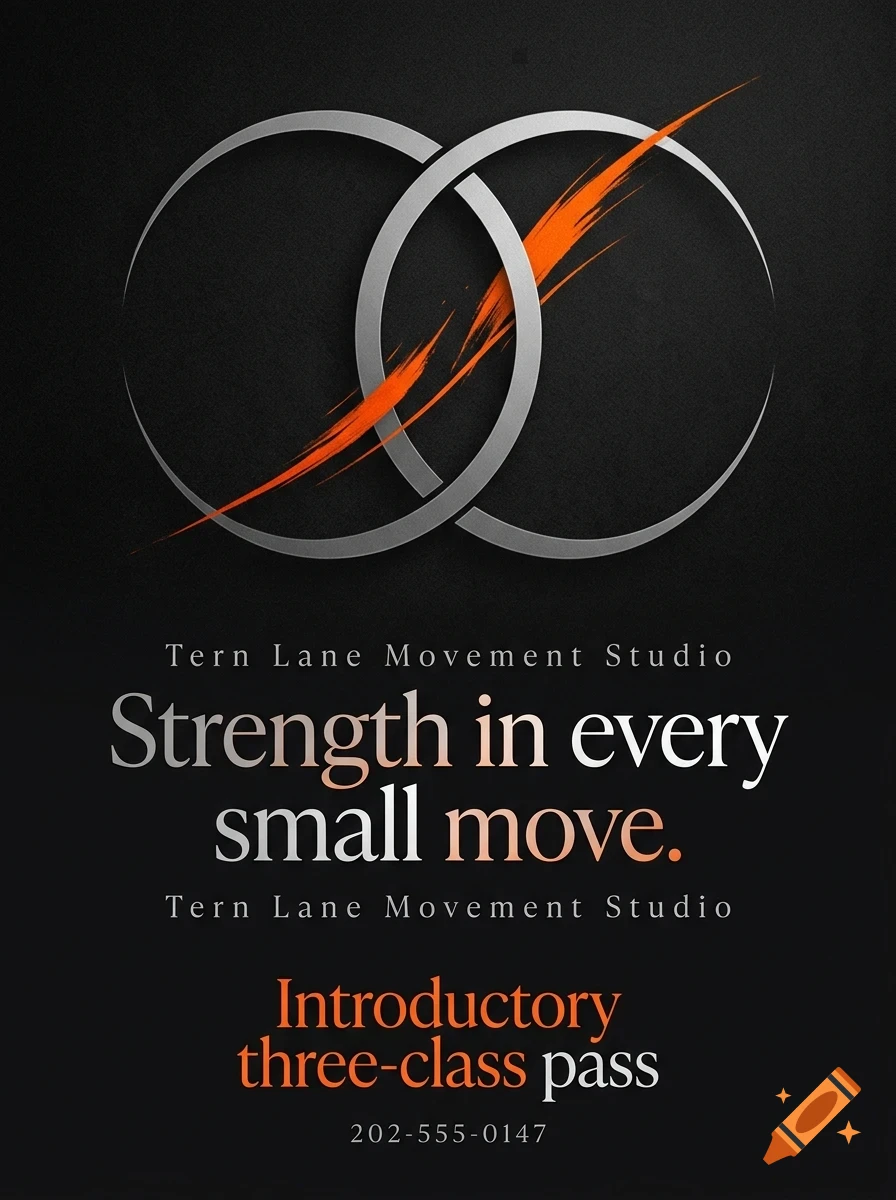 An introductory pass poster for Tern Lane Movement Studio with overlapping silver circles slashed with orange and text on a black background.