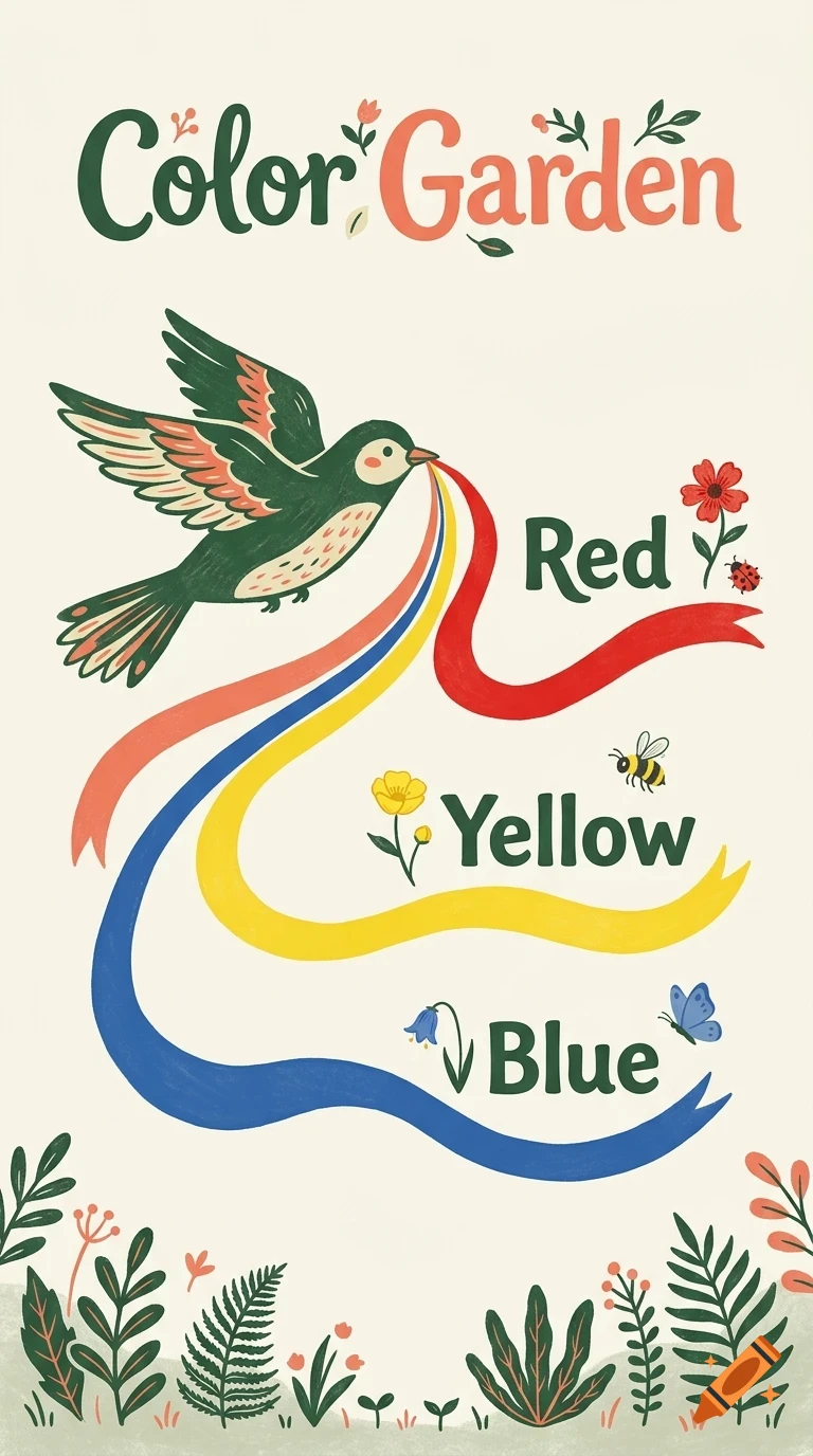 An illustration of a green bird pulling red, yellow, and blue ribbons, with flowers, insects, and the words Color Garden, Red, Yellow, and Blue.