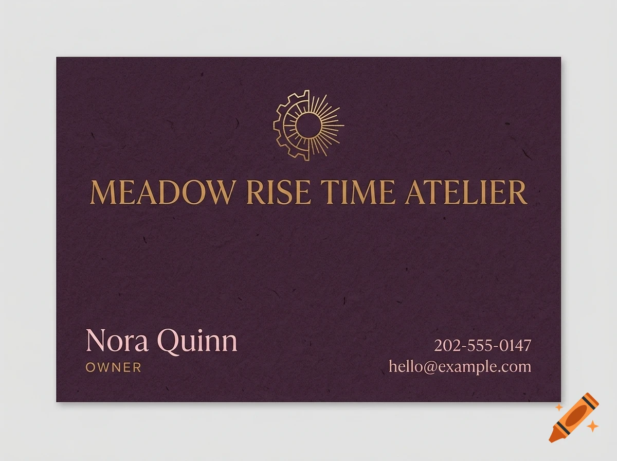 A business card with a dark purple textured background, gold lettering reading MEADOW RISE TIME ATELIER, a logo of a sun and gear, and contact details for Nora Quinn.