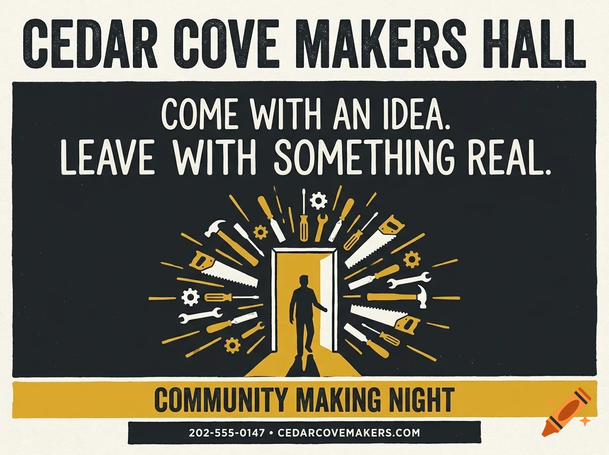 Poster for Cedar Cove Makers Hall featuring a silhouetted figure walking through an open door surrounded by tools.