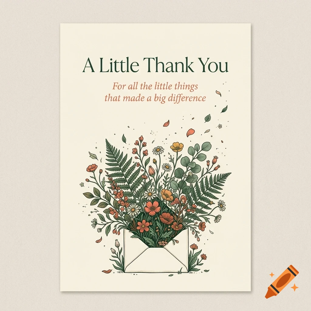 An illustrated greeting card featuring an envelope overflowing with a bouquet of flowers and foliage, with the text "A Little Thank You" at the top.