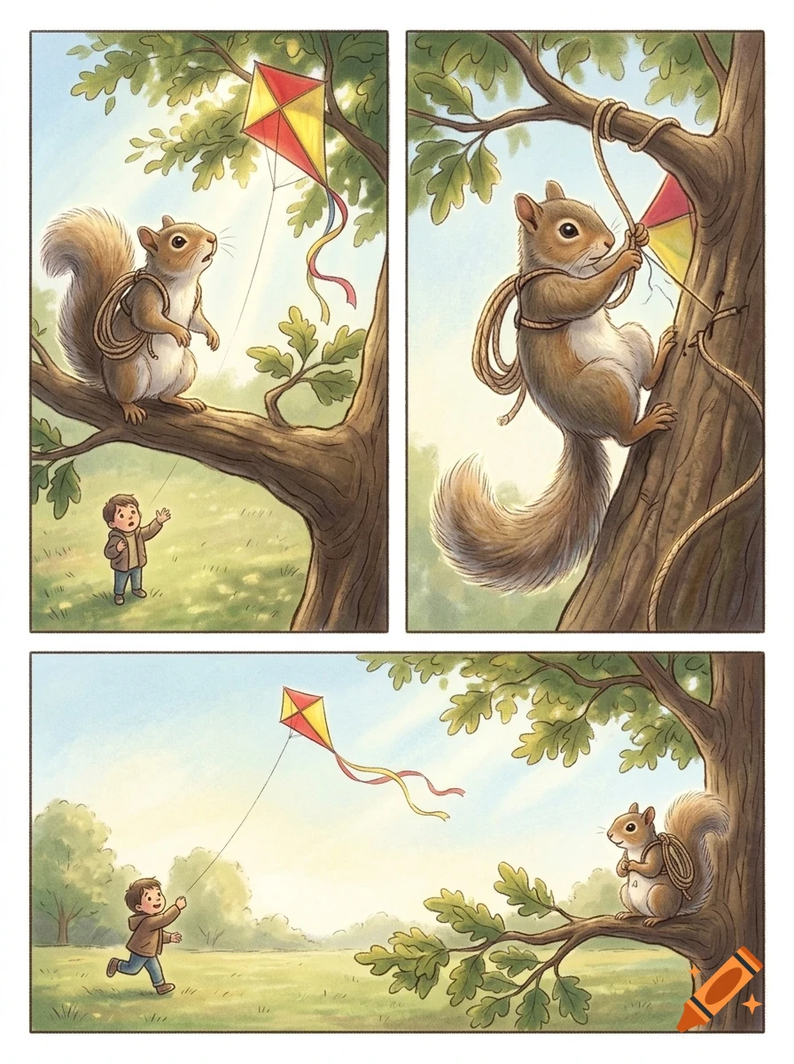 A comic strip showing a squirrel helping a young boy retrieve a stuck kite from a tree.