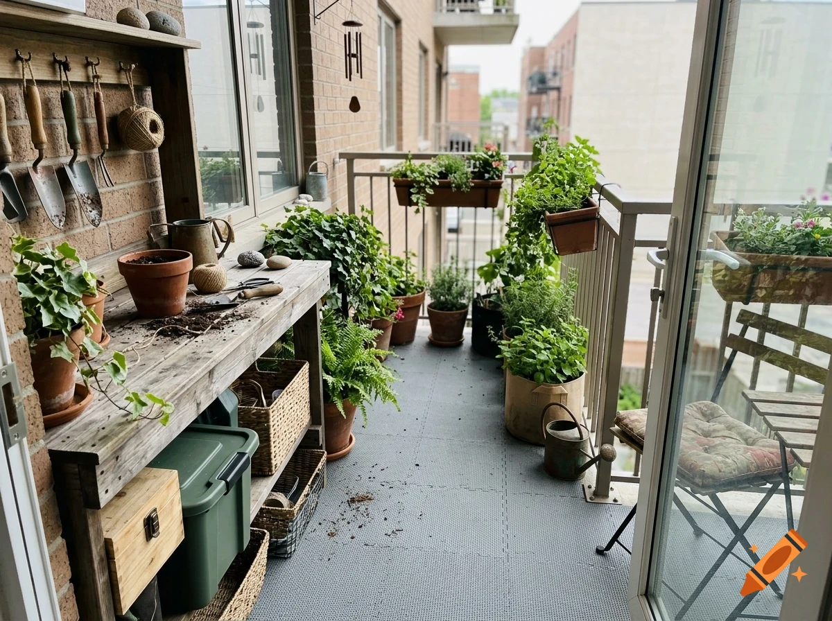 A narrow apartment balcony filled with potted plants, hanging planters, and a wooden potting bench with gardening tools.
