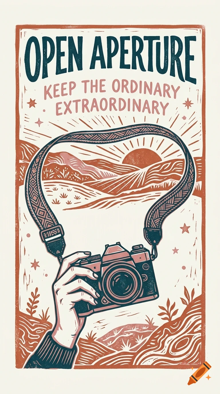 An illustrated poster featuring a hand holding a vintage camera with the text OPEN APERTURE and KEEP THE ORDINARY EXTRAORDINARY.