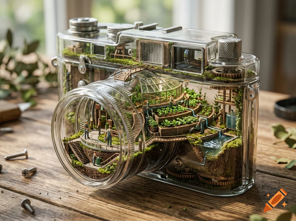 A miniature world inside a transparent camera filled with tiny figures, plants, and gardens.