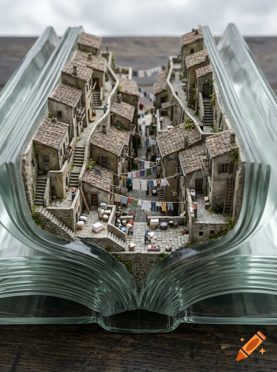 A detailed miniature diorama of an Italian village built inside the pages and hollowed center of an open book.