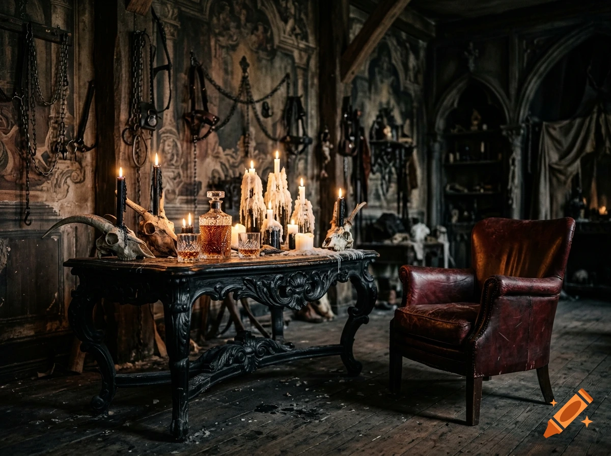 Photorealistic dark gothic room with a black ornate table, candles in skulls, whiskey bottles, and a red leather armchair.