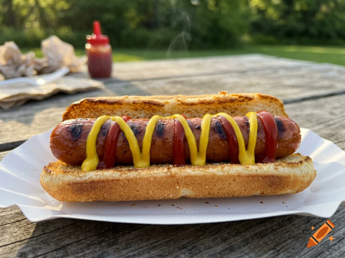 A photorealistic hot dog in a toasted bun with mustard and ketchup on a paper plate on a wooden picnic table.