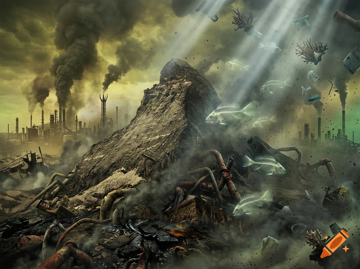 Surrealist digital art depicting a rocky mountain amidst industrial pollution, with factories emitting smoke and fish skeletons swimming in the air under dramatic light rays.