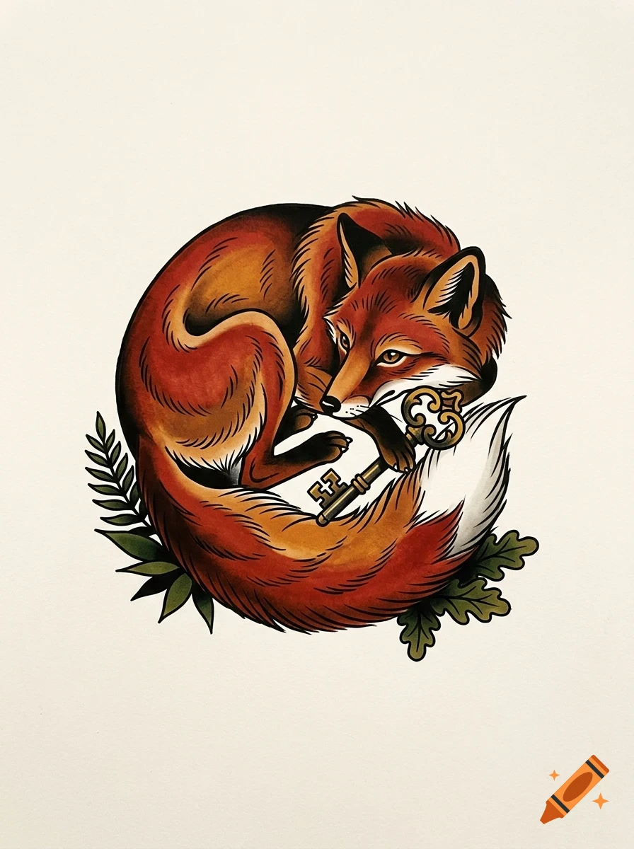 An illustrated orange fox curled up sleeping, holding a vintage golden key amongst green leaves.