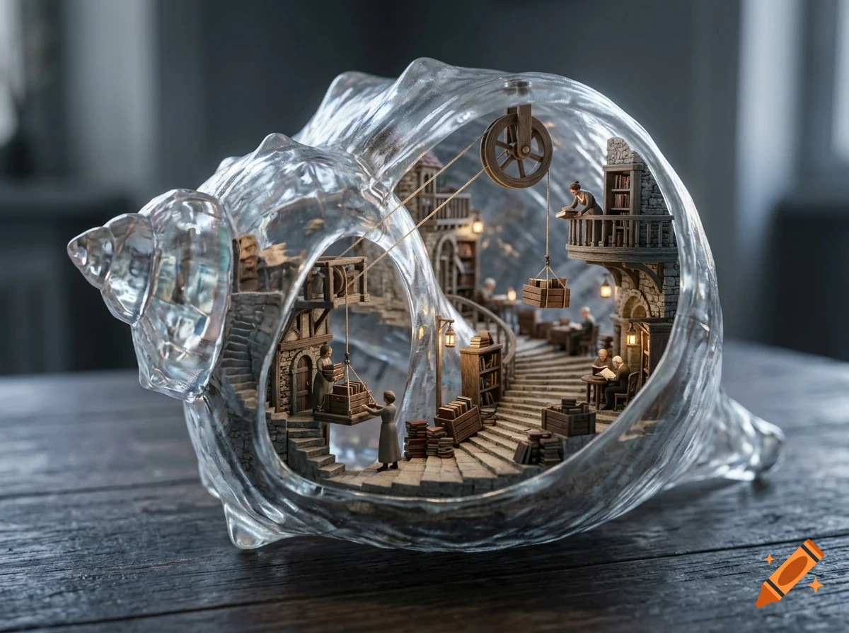 A miniature diorama built inside a hollow glass seashell depicting a multi-level library with tiny figures working and reading.