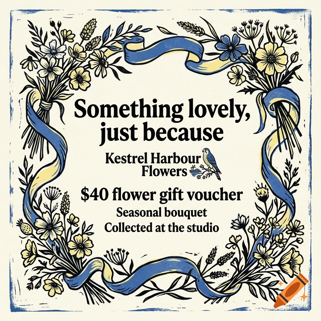 An illustrated gift voucher with a floral frame, blue and yellow ribbons, and text reading Something lovely, just because, Kestrel Harbour Flowers, and $40 flower gift voucher.