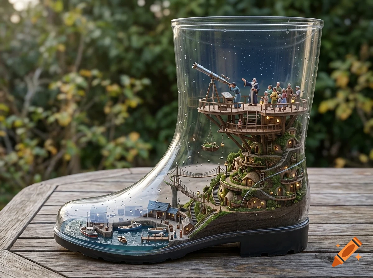 A miniature world built inside a clear rain boot placed on a wooden table, featuring a village with tiny houses, a harbor with boats, and people stargazing through a telescope.