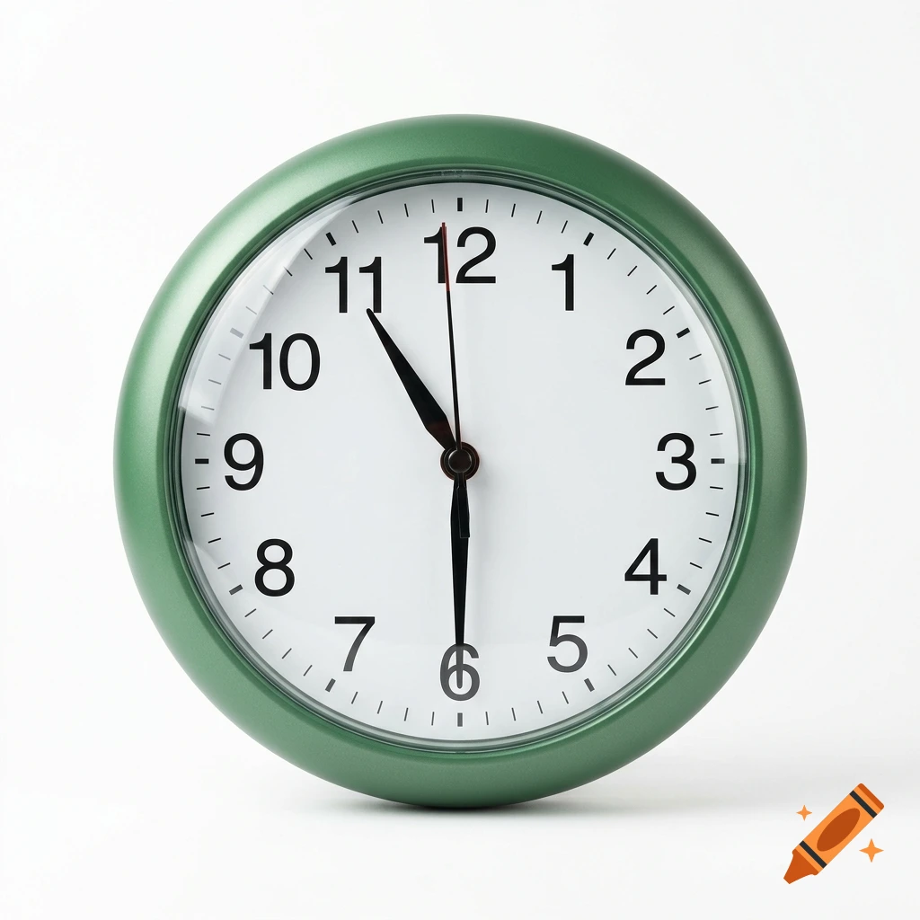Green wall clock with a white face and black numbers showing half past eleven, isolated on a white background.