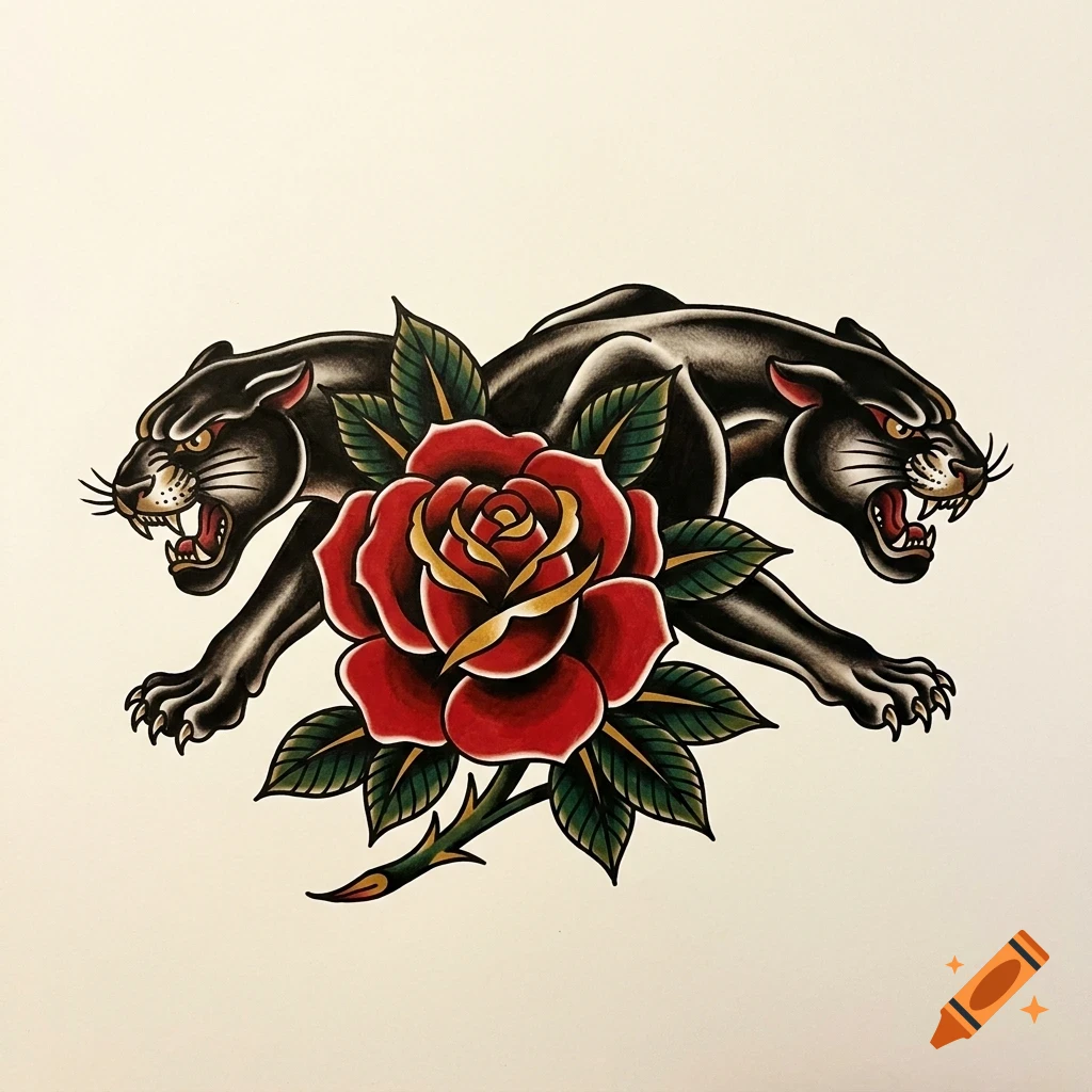 An illustrative design featuring two snarling black panthers facing opposite directions behind a large red rose with green leaves.