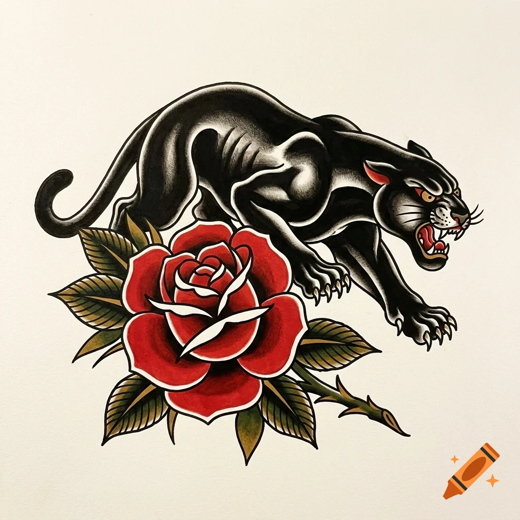 A traditional tattoo style illustration of a prowling black panther above a red rose with green leaves.