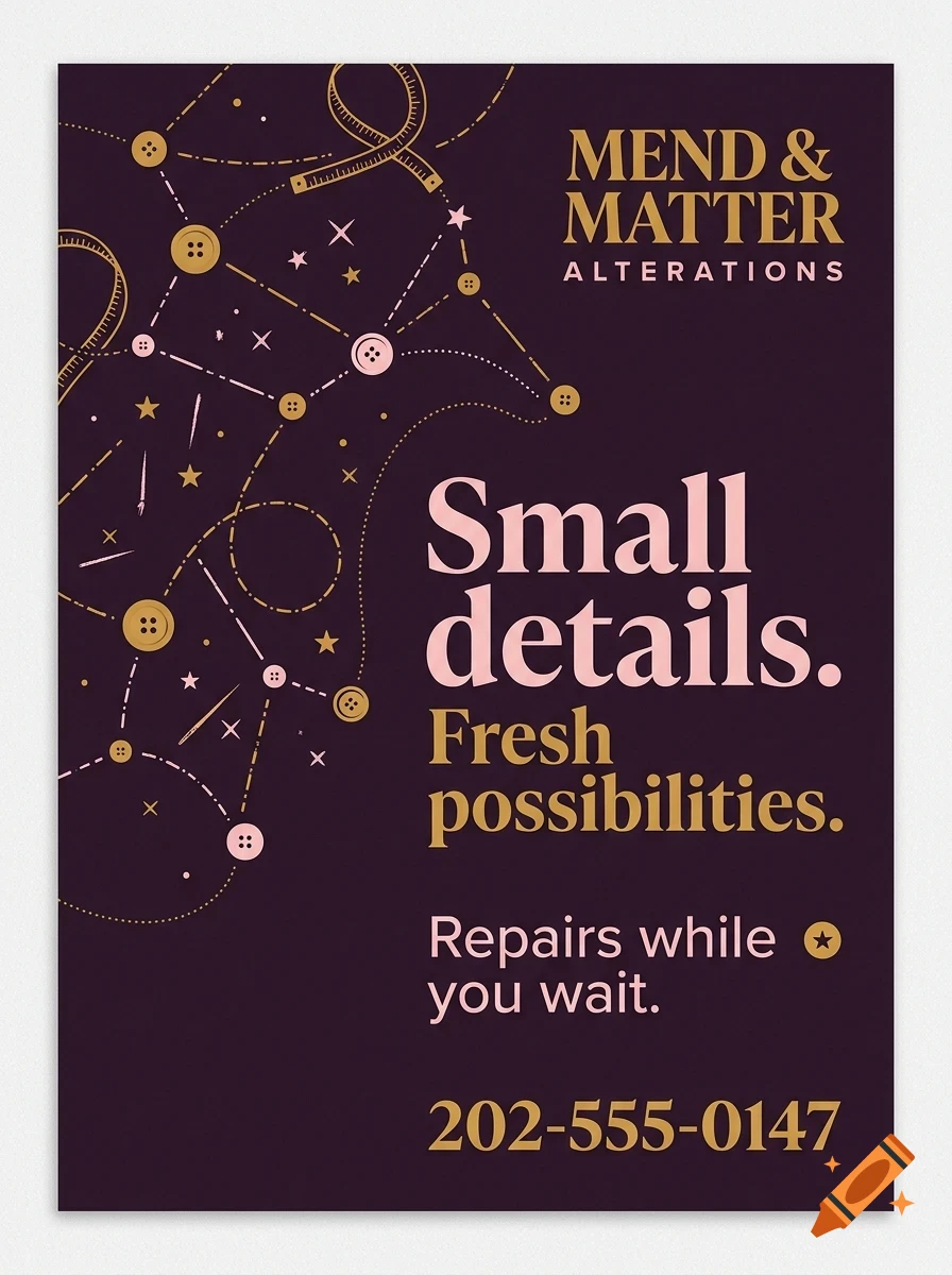 A poster for Mend & Matter Alterations with text reading Small details. Fresh possibilities., repairs while you wait, and a phone number.