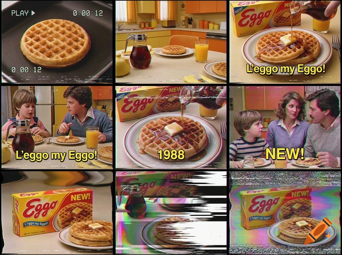 A 9-panel VHS style grid showing an Eggo waffle commercial from 1988 with glitch and distortion effects.