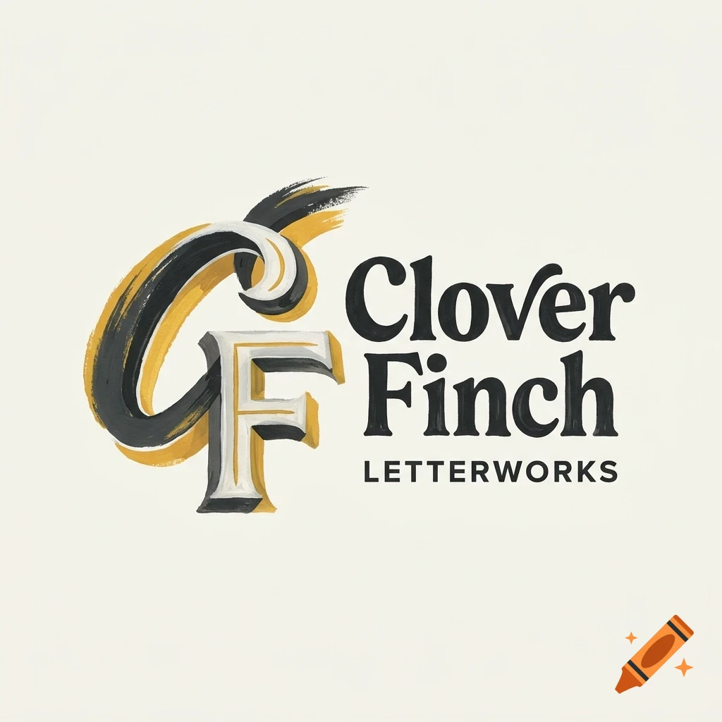 A logo design featuring stylized monogram letters CF with brush stroke effects in black, white, and yellow, alongside the text Clover Finch Letterworks.