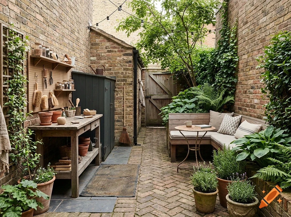 An outdoor brick courtyard with a potting bench, tool pegboard, wooden seating, a small table, and various potted plants.