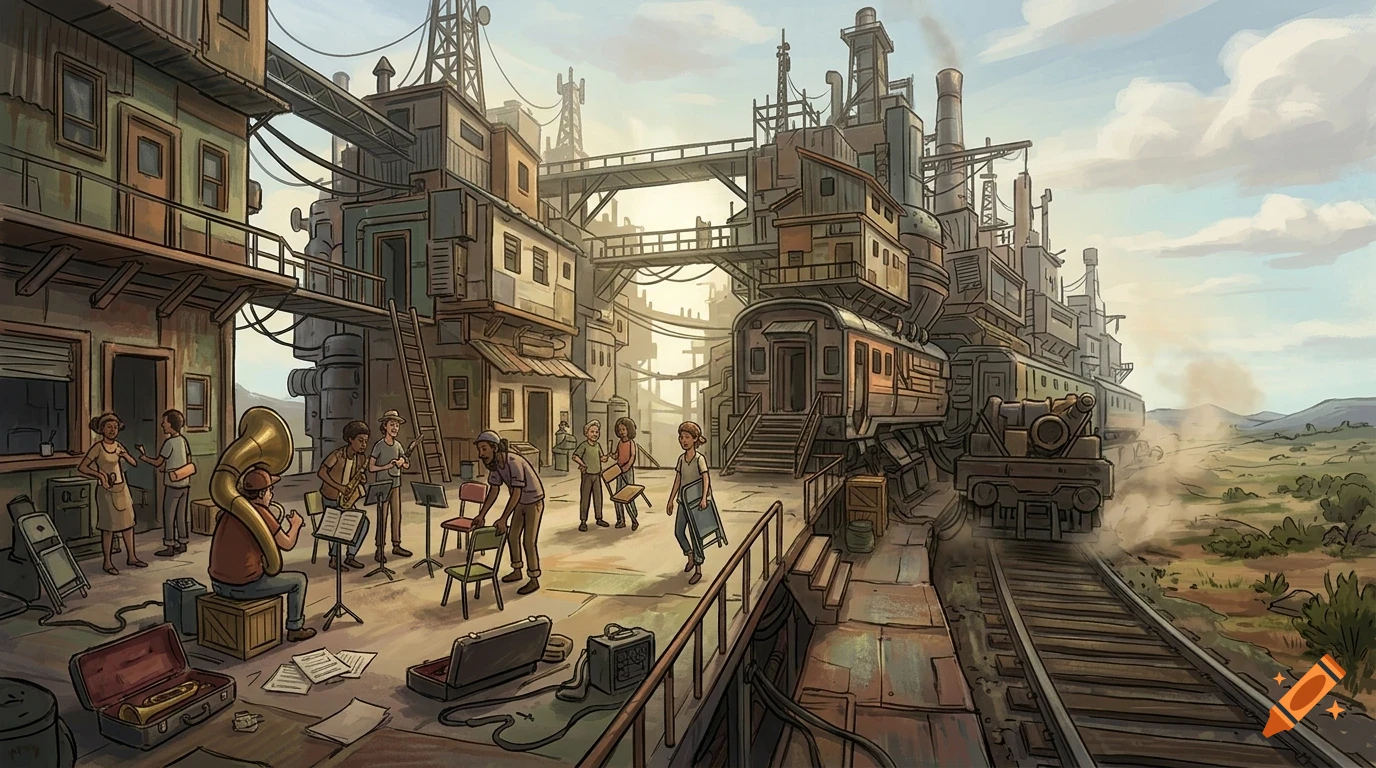 An illustrated outdoor scene of people setting up chairs and playing musical instruments near industrial buildings and train tracks.