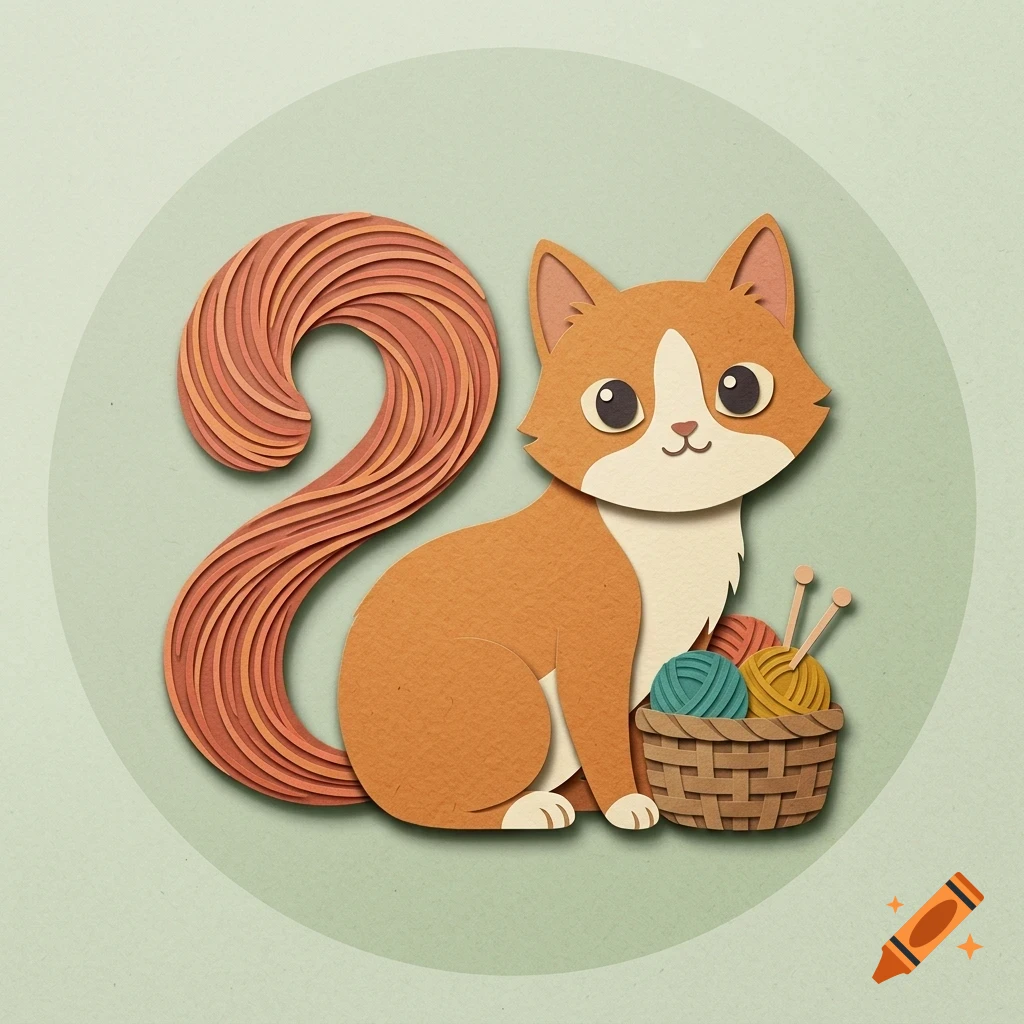 A paper-cut style illustration of an orange and white cat sitting next to a basket of yarn balls.