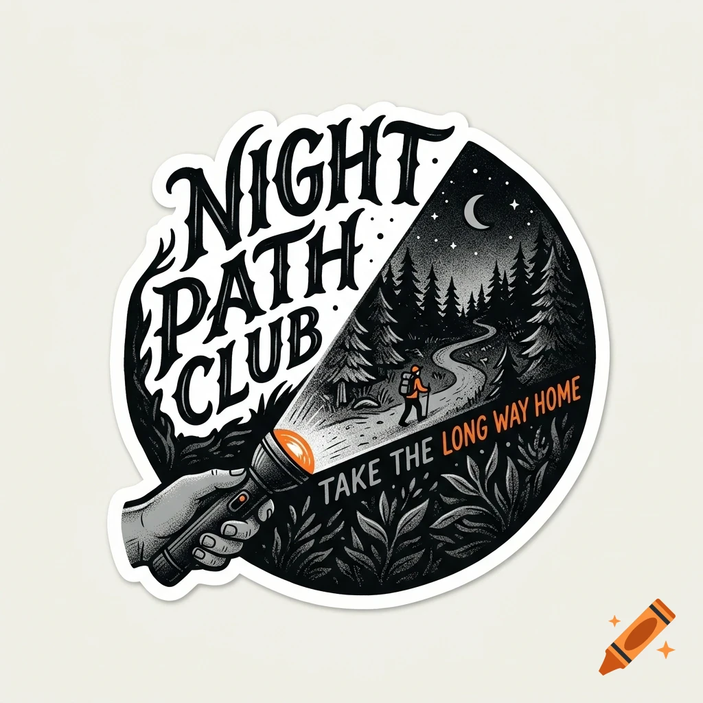 A circular sticker design featuring a hand holding a flashlight illuminating a path through a forest at night under the moon and stars, with the text Night Path Club and Take the long way home.
