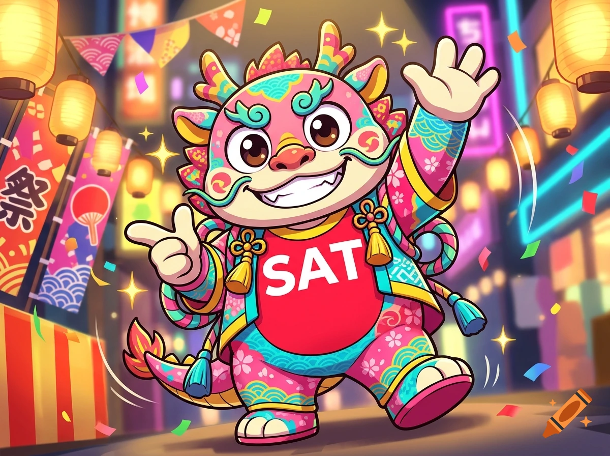 Colorful anime-style zany dragon mascot waving with the letters SAT on its chest in front of a festive street.