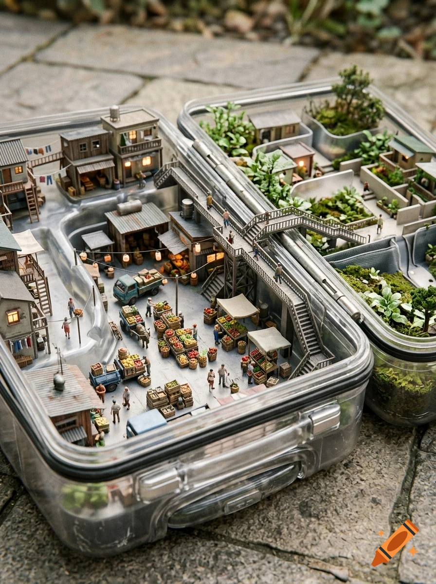 A detailed miniature market and town built inside open clear plastic storage containers, featuring tiny buildings, stalls, and figures.