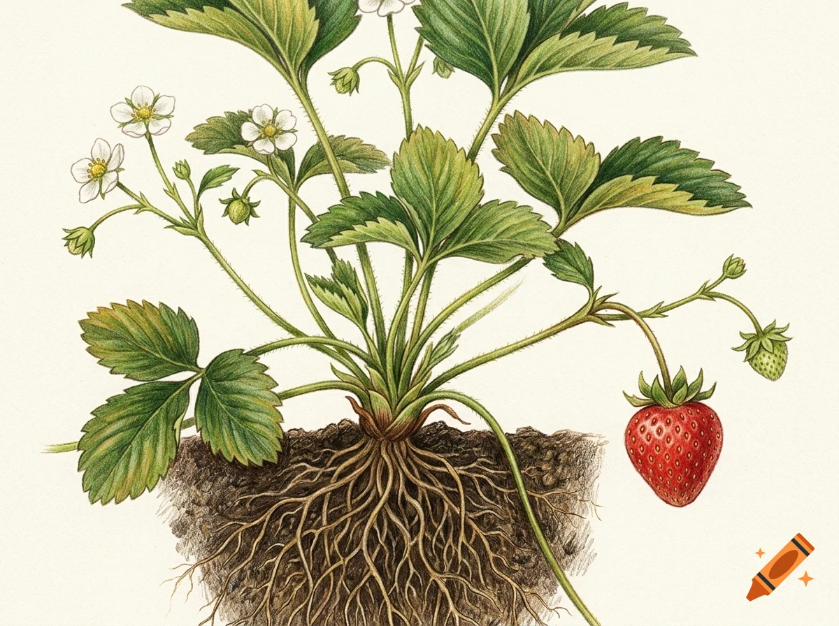 Botanical illustration of a strawberry plant showing roots in the soil, green leaves, white flowers, and a single ripe red strawberry.