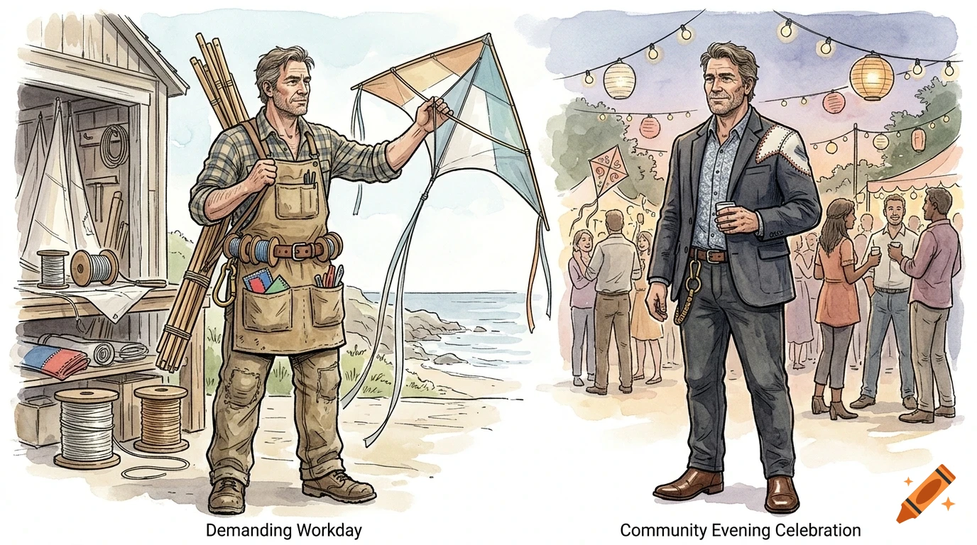 An illustrated comparison showing a man working with kite materials near a shed on the left, and attending a festive evening celebration on the right.
