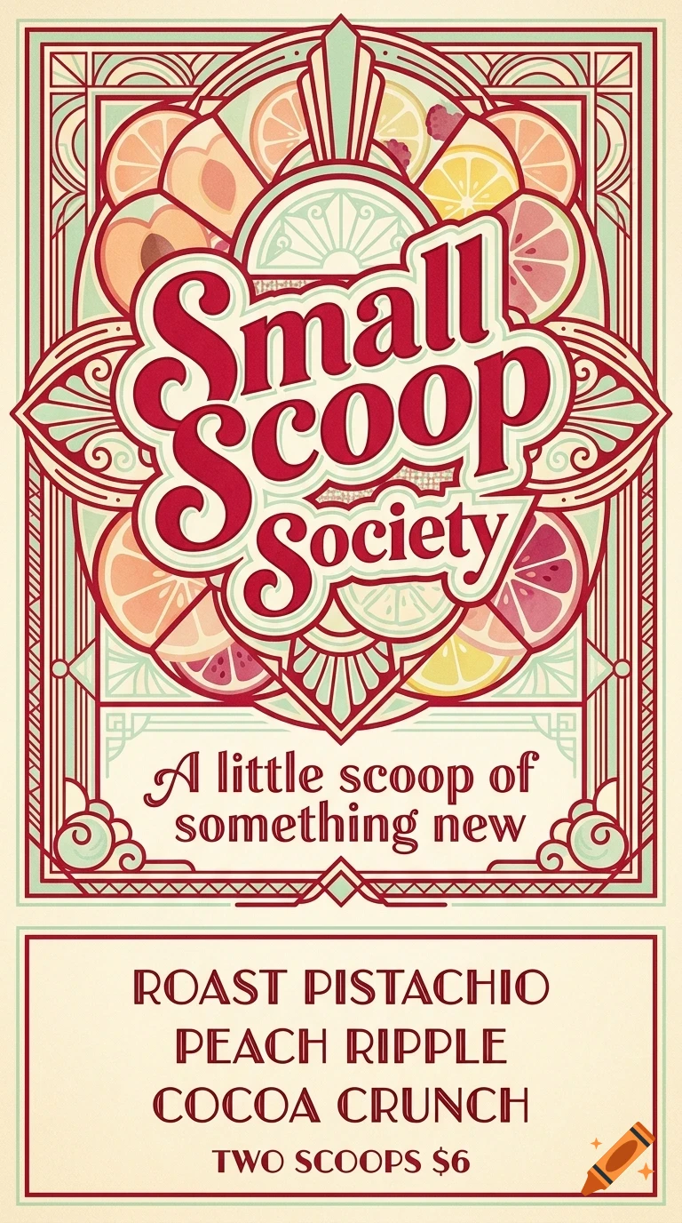 An Art Deco style poster featuring ornate geometric frames, fruit illustrations, and the text Small Scoop Society.